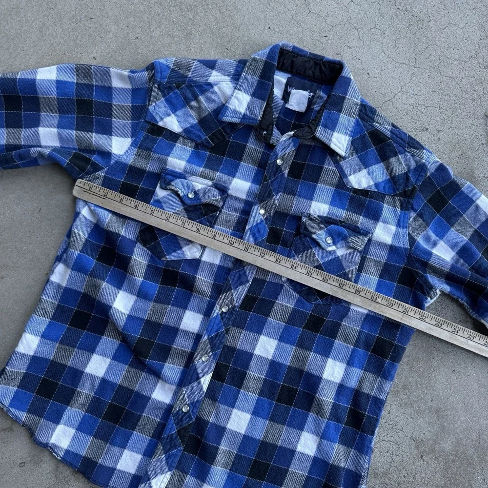 Vintage 90s Wrangler Cotton Flannel Pearl Snap Blue White Medium Plaid